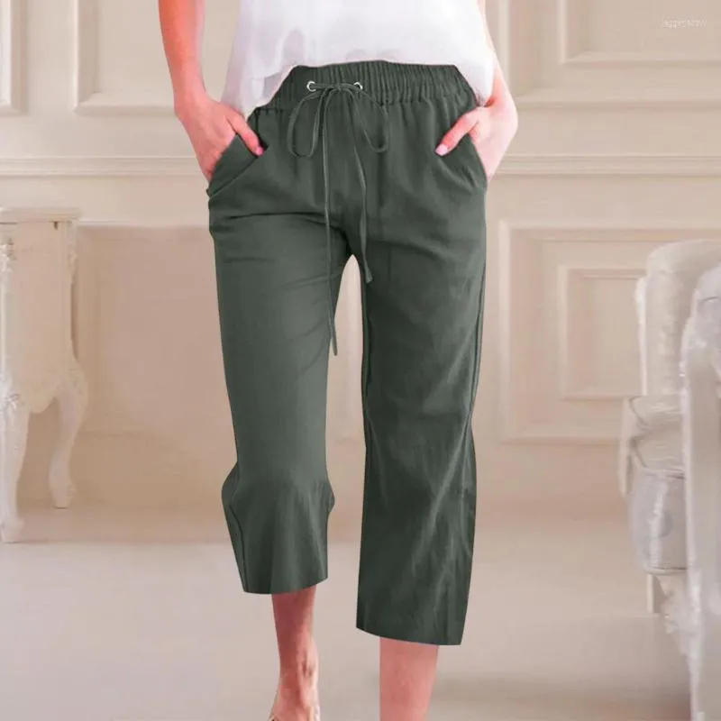 Pantalones de mujer, pantalones de chándal de verano, ropa de mujer, pantalones rectos informales de lino y algodón cómodos de Color sólido con bolsillos grandes recortados