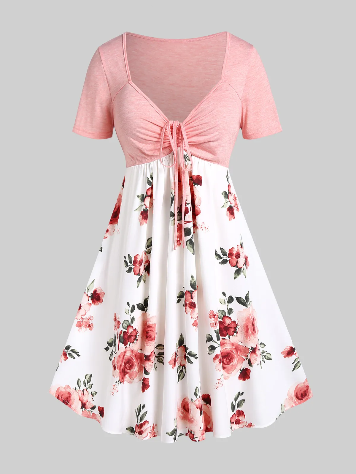 Plus storlek klänningar rosegalstorlek blomma tryckt cinched klänning kvinnor sommar avslappnad hög midja korta ärmar en linje vestidos i 5xl 230518