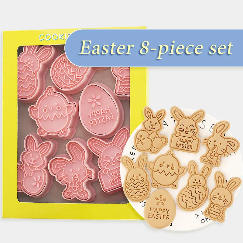 Stampi da forno 8 pezzi Stampo per biscotti in plastica di Pasqua Stampo per biscotti all'uovo di coniglio Stampo per coniglietto in cartone animato 3D Attrezzi per torte Decorazioni per feste 230518