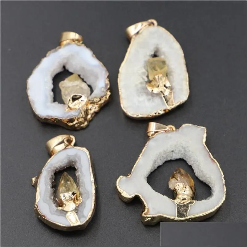 Hanger kettingen Irregarly -vormige stenen geodess Agates gesneden ingelegd met natuurlijke citrines dots elegante kwarts sieraden drop leveren dhisz