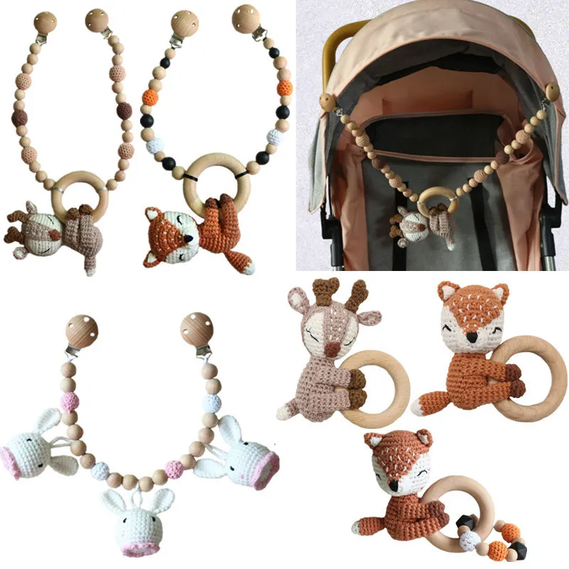 Ratels Mobiles Ootdty Crochet Elk Bunny Rammle Toys Wooden Clip Gym Stroller Hangende hanger Born Crib Mobile 230518