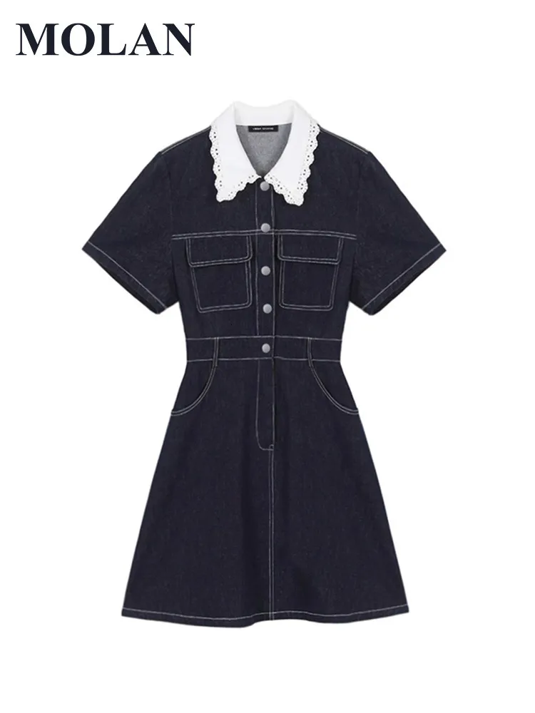 Grundlegende Freizeitkleider MOLAN Kroean Frau Süßes Kleid Mode Denim England-Stil Niedlich Kurzarm Revers Feste Taschen Lässiges Jeanskleid Weiblich 230519