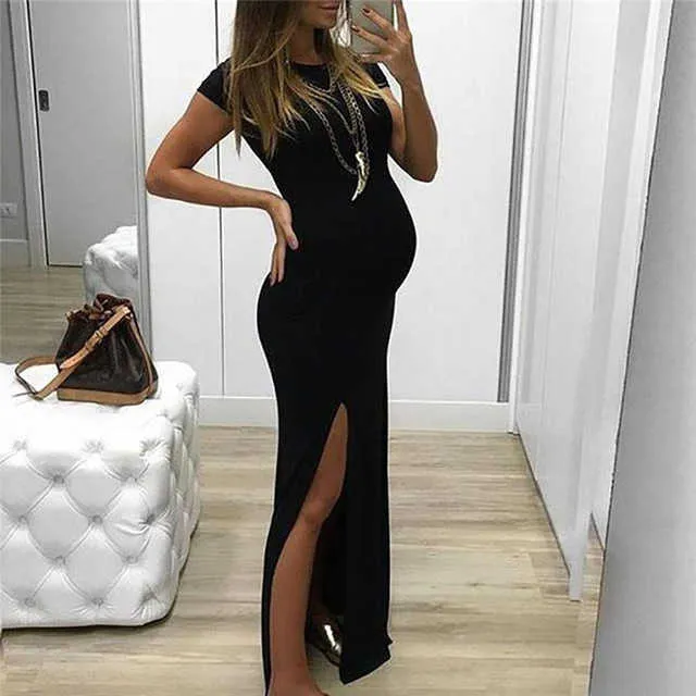 Pregnant Tight Open Long Dress Women Solid Short Sleeve Maternity