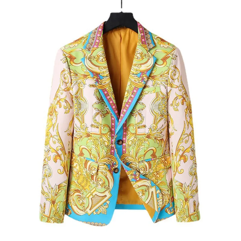 Herrdräkter blazers lyxmärke guld barock tryck blazer smala fit män blazer scen tyg social fest bröllopsklänning manlig guld kostym jacka 230519