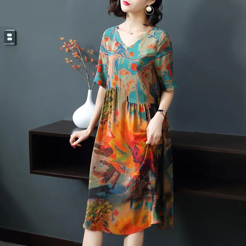 Basic Casual Dresses Summer Women's Plus Size Loose Print Dress Mid-length Plus Size Temperament Holiday Skirt 230519