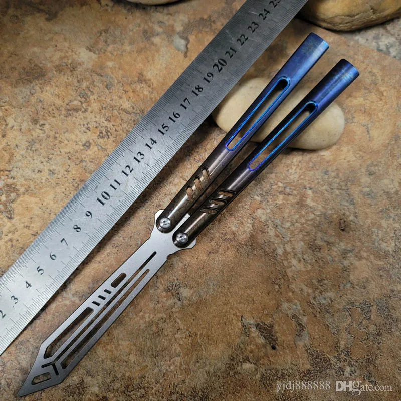 TheOne Balisong Rep Licant Round Dot Fire Burn Pattern Titanium Handle Channel Treinador de borboleta Treinador Faca Bucha Jilt Swing Edc Knife Nautilus Sea Monster