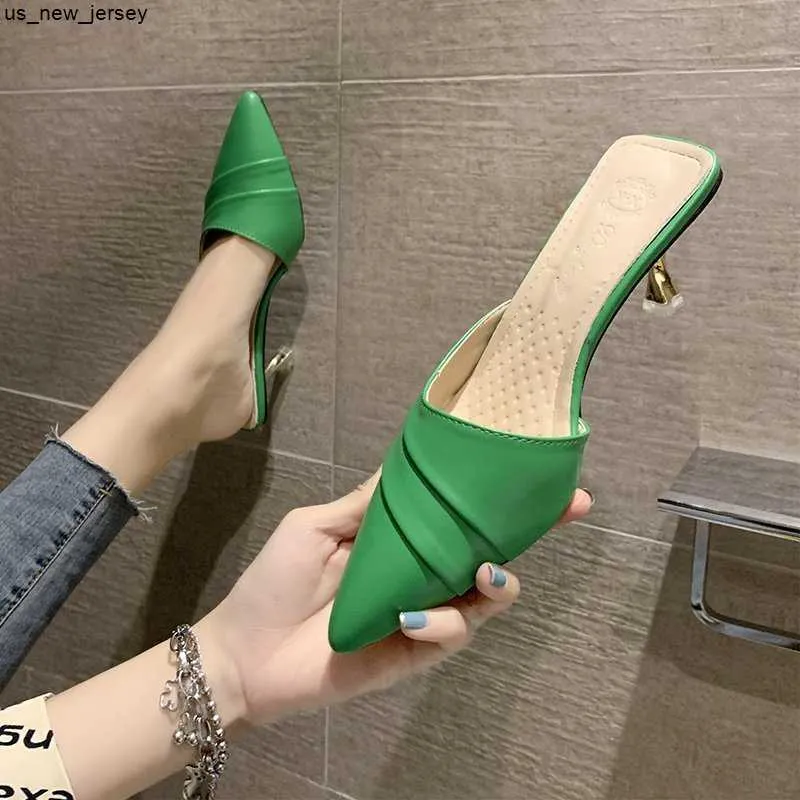 Talltor pumpar tofflor kvinnliga sandaler kvinna sommar sexig gröna pekade höga klackar utomhus stilett pu läderfestskor med kjol j230519