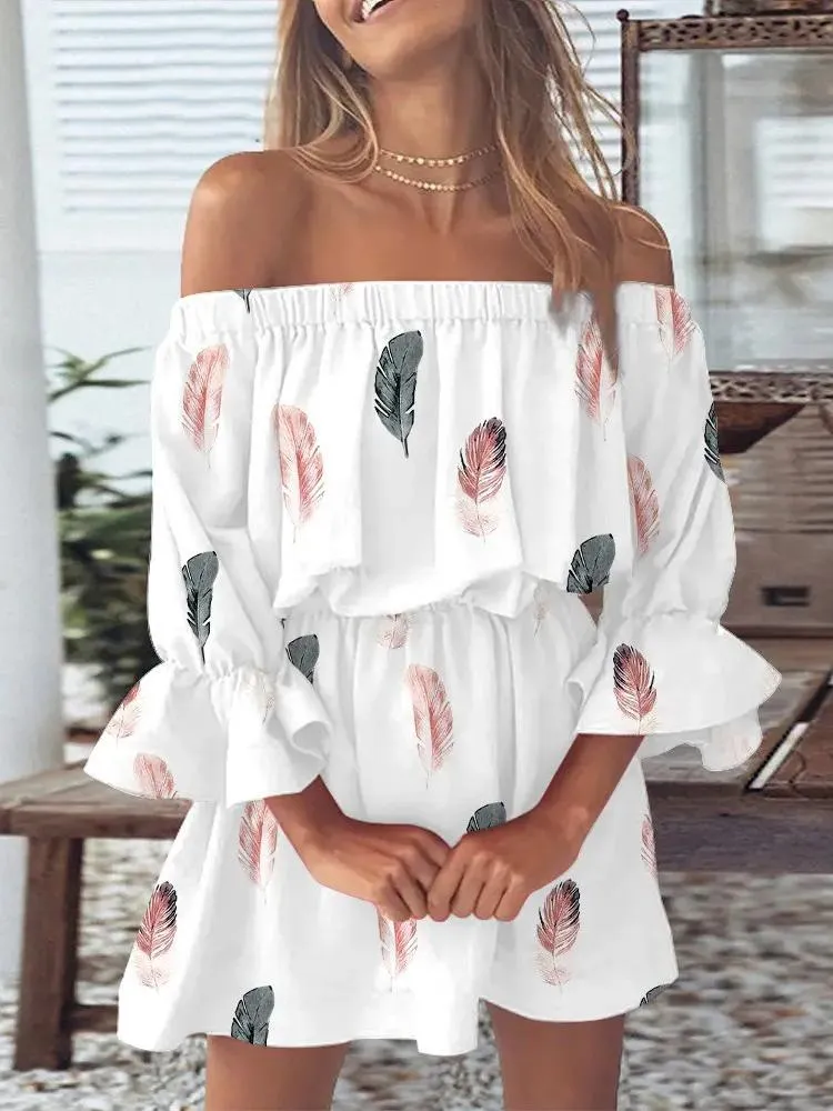 Dress Sexy Off Shoulder Women Floral Beach Dress Fashion Elegant Long Sleeve Loose Party Dress 2022 Summer Casual Boho Mini Dresses