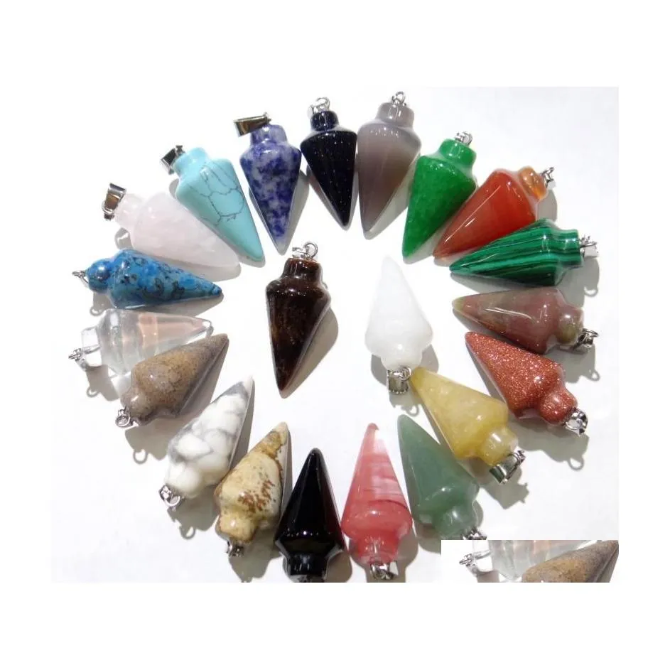 Collane con ciondolo 12Pcs Mix Pietra naturale Reiki Pendum Amet Circar Cono Charms per fai da te Accessori per gioielli Commercio all'ingrosso 30 Drop Dhavt