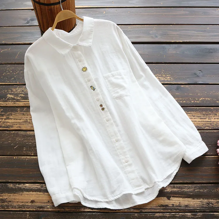 Женские блузкие рубашки 7577 Осенняя женская блузка в стиле Япония Mori Girl Loose Cotton Yarn Белая рубашка вышивка с длинным рукавом женские топы 230519