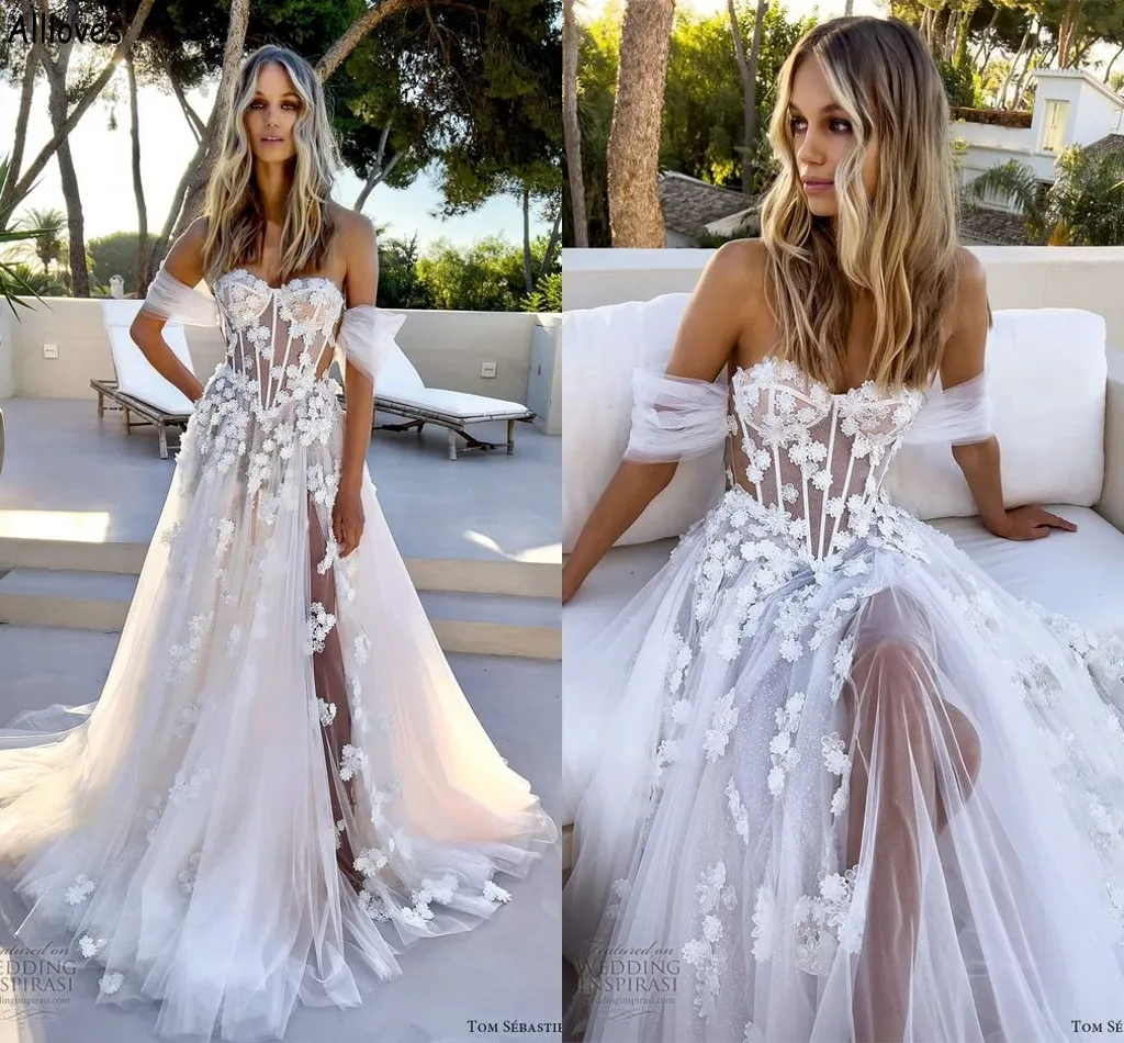 Adorable Flower Line Tulle Boho Beach Wedding Dress Off Shoulder Sexy See Through Bridal Gown For Boho Garden Maternity Arabic Aso Ebi Robes De Mariee CL Rabic From Bestdressing 92.24 DHgate.Com