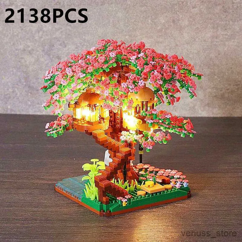 Blocks Light Sakura Tree House Model Micro Building Blocks City Cherry Street View Christmas Toys for Girls R230629