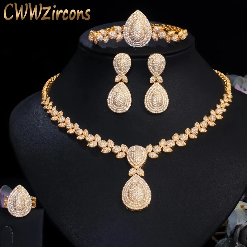 Set di gioielli da sposa CWWZircons Luxury 4pcs Set da banchetto da sposa Africano Dubai Colore oro CZ Costume da donna Accessori T416 230519