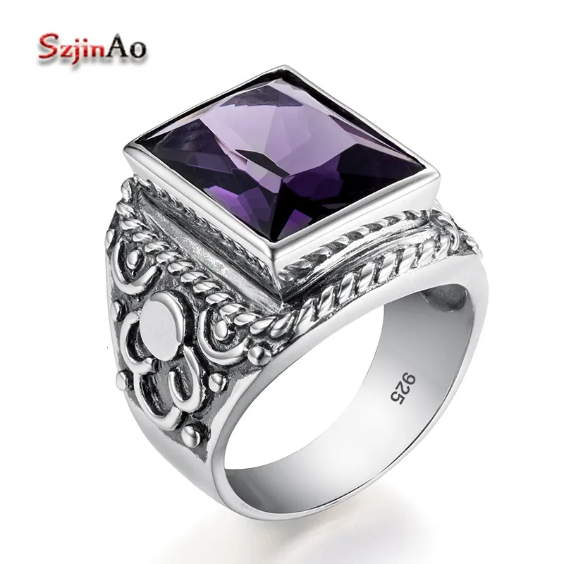 Casal Rings Real 925 SERLING PRIMENTO PESADO SIGNET MEN S MENIMIVO AMETHYST 12 MASCO DE PEQUENO DE PEQUENO DE PEQUENA DE 16 MM