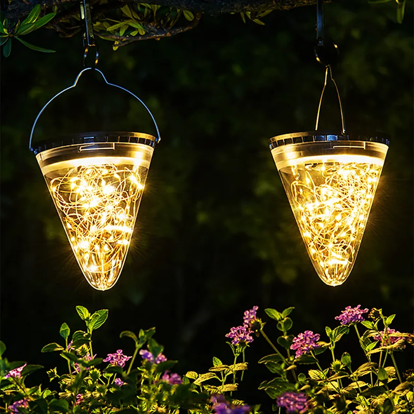 Lámpara colgante, luz de jardín, linterna, decoración al aire libre, luces solares, luces en forma de cono, cadena led blanca cálida, IP65, resistente al agua, árbol, camping, patio, poste, valla, camino