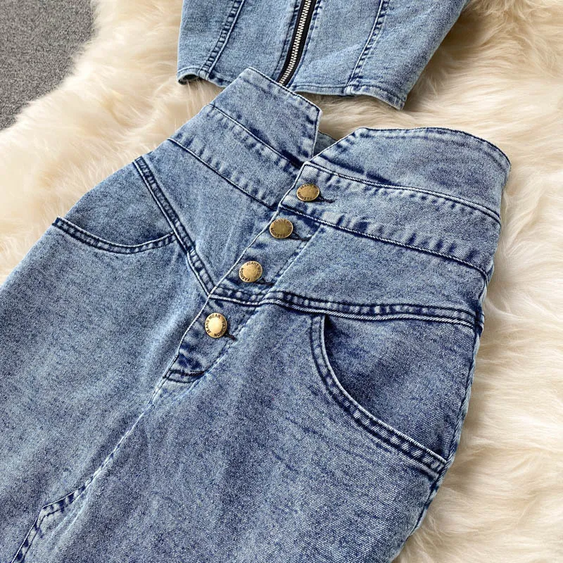【Anyone more】Pound Strap Denim Two-Piece Setup SET DHgate.com:Womens Two Piece Dress Set, Jeans Vest and Skirt