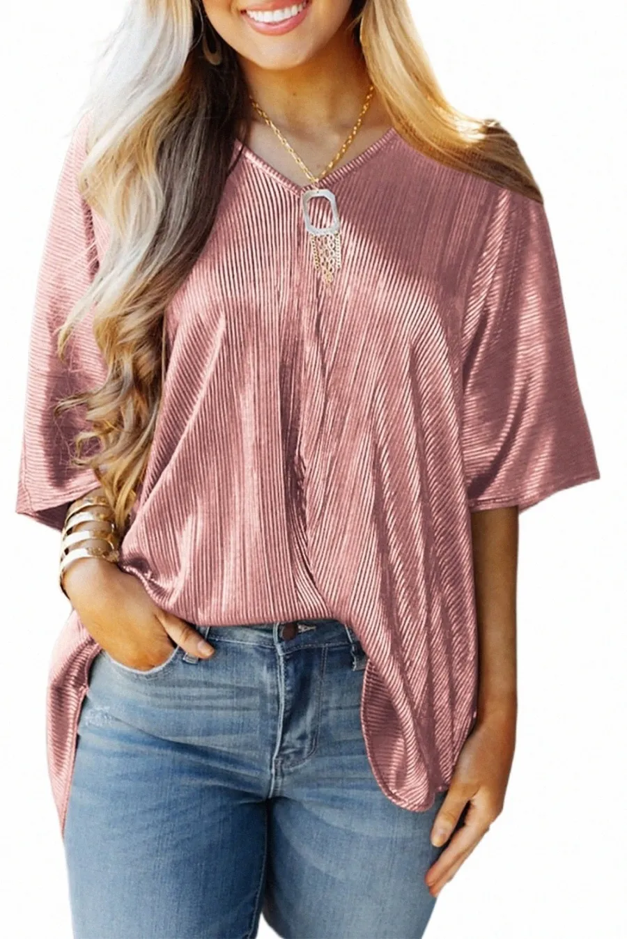 roze koperen textureerde oversized folie T-shirt 2023 Hot New V3IT#