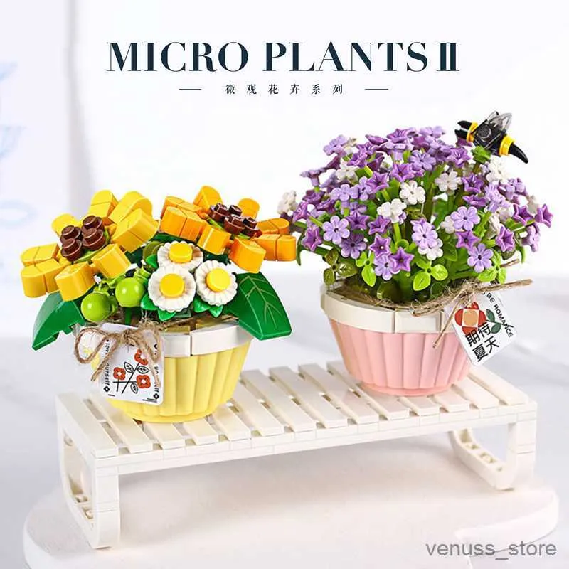 Blocks Mini Bonsai Building Blocks Flower Green Plant Bouquet Potted Model Flower Block Home Decoration Girl Gift Children's Toys R230701