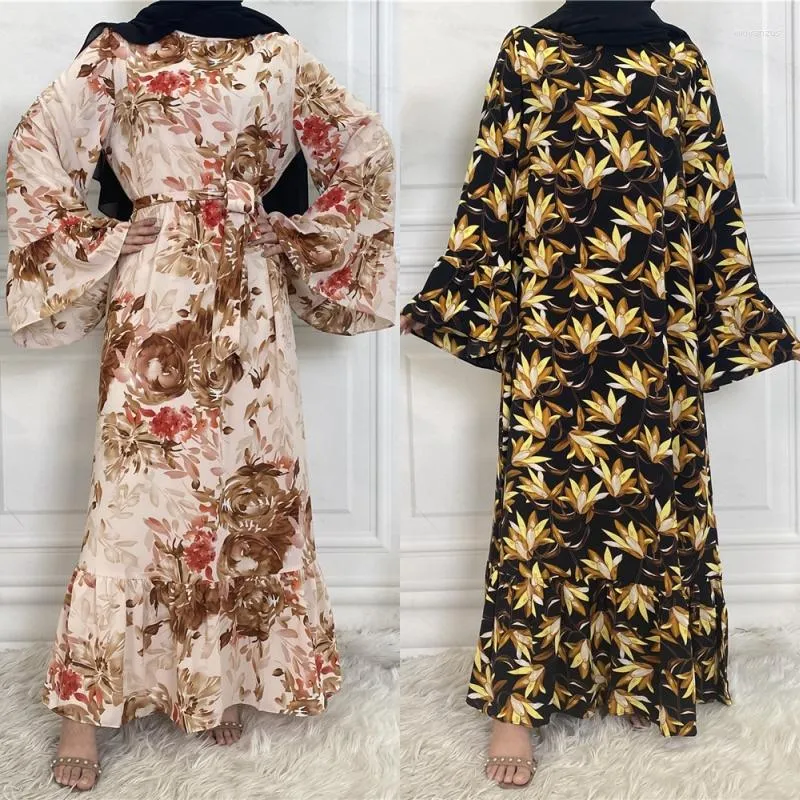 Ethnische Kleidung Vintage Blumendruck Marokko Partykleid Abaya Ramadan Eid Muslim Hijab für Frau Dubai Türkei Robe Kaftan Femme Mubarak