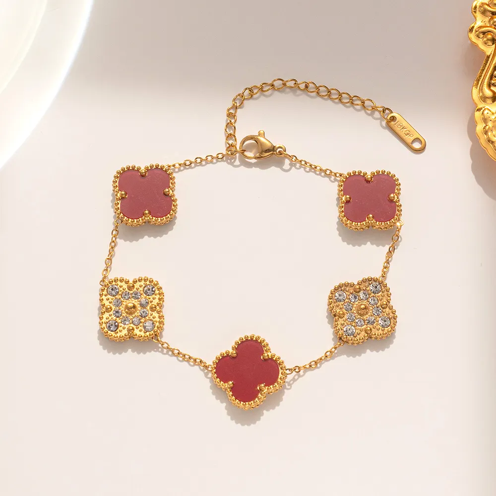 Van Cleef Designer 18K Gold Four Leaf Clover Charm Bracelet High Quality Classic Style with Agate Shell Ideal Wedding Gift for Women