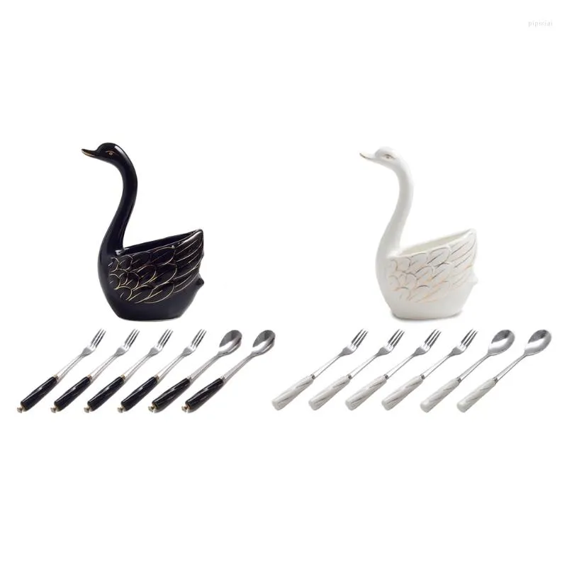 Zestawy zastawy stołowej Ceramiczna Łabędź Swan Fork Stojak Uchwyt Owoce Owoce Zestaw kuchenny Cutlery Cake Desser Strewa stołowa Trwałe DXAF