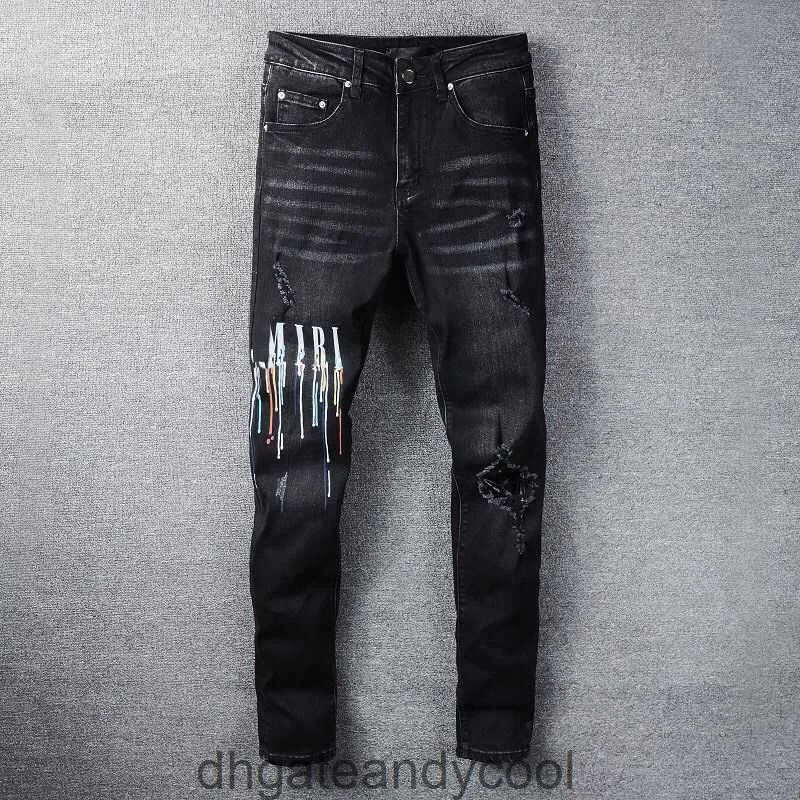 Tear Man Denim lavado amirres AW23 Jeans nuevos parche pantalones de diseñador Jeans negro Slim Fit Leggings elásticos amr moda hombres MMRK