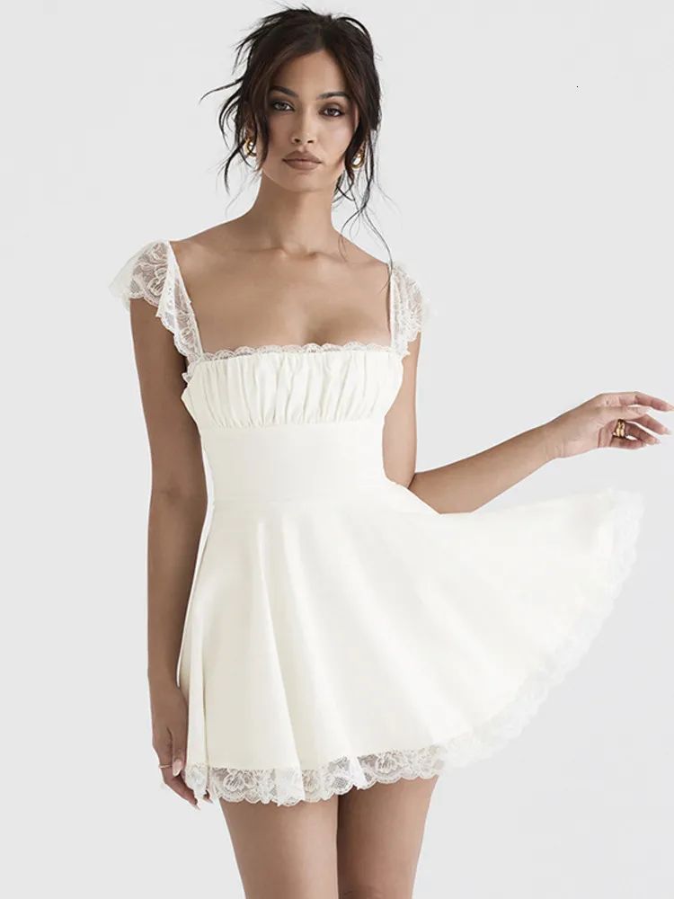 Vestidos casuales básicos Mozision elegante correa de encaje blanco mini vestido para mujer moda sin mangas sin respaldo suelto sexy vestido corto clubwear 230519