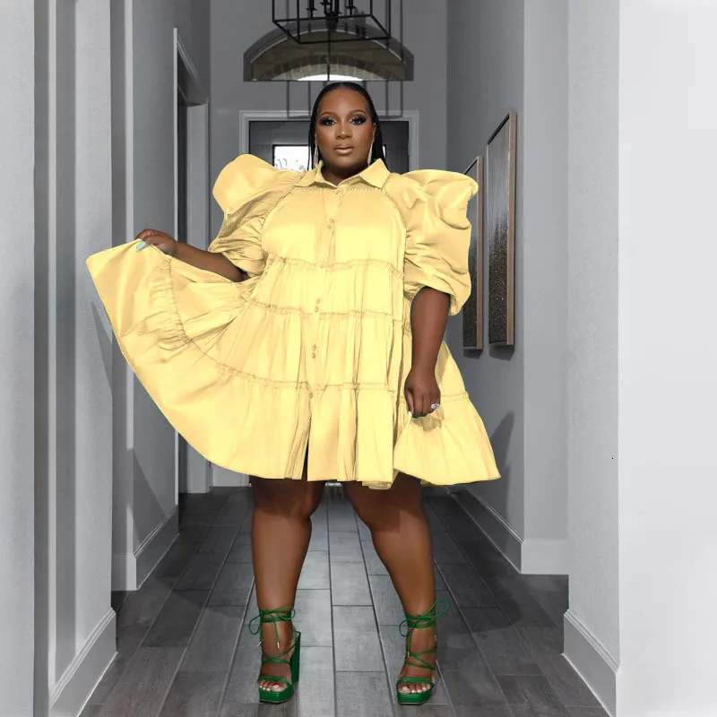 Plus Size Dresses Elegant Dress Size Puffy Sleeve 3 Tiered Button