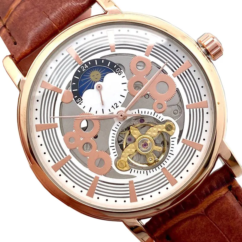 marchio di lusso Orologi da uomo Moon Phase moda uomo Orologio di design Cinturino in vera pelle Movimento meccanico automatico 44mm Orologi da polso in oro per regalo di Natale da uomo