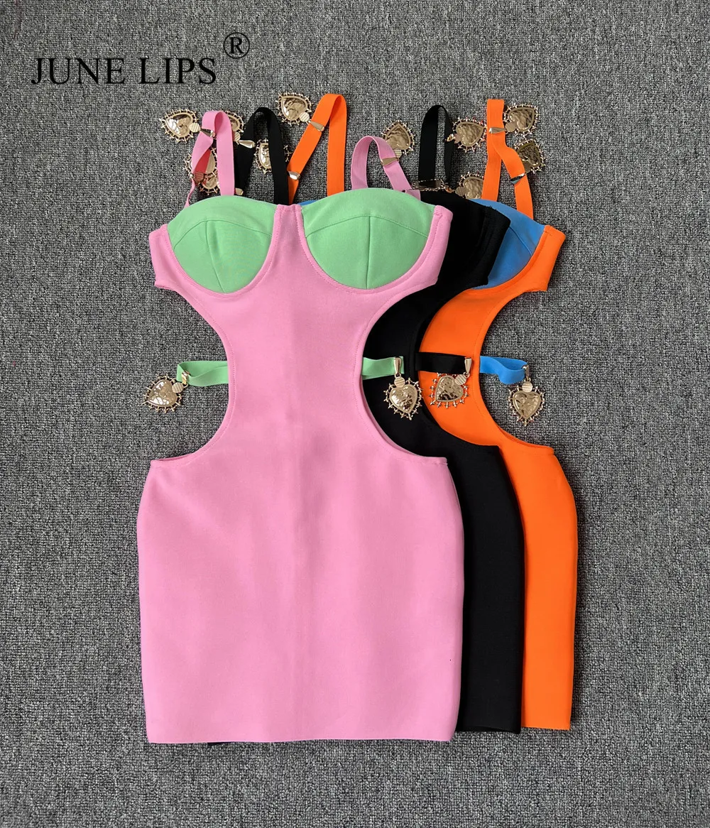 June Lips Winter Women's Hollow Out Knee Crepe Bandage Mini Dress - Basic Casual, Sexy Pink, Black, and Orange for Evening, Celebrity, Club, Party -