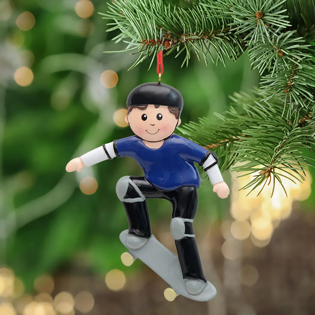 Maxora Skateboard jongen gepersonaliseerde polyresin glanzende hand schilderij kerstboomornament voor huisdecoratie Gepersonaliseerd kerstcadeau