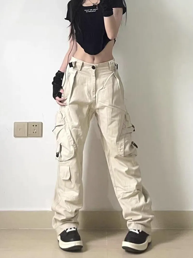 Capris American Big Pocket Cargo Pants Women High Street Retro Hip Hop raka byxor överdimensionerade fast färg Löst heta tjej Y2K -byxor