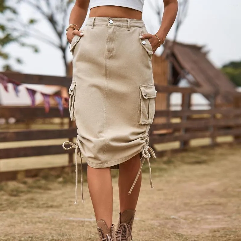 Jupes Femme Denim Cordon Stretch Cargo Midi Mode Taille Haute Minceur Mi Longueur Jupe Europe Et Amérique Streetwear