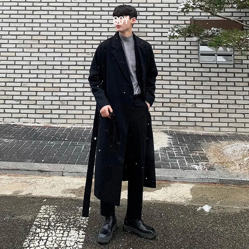 Men's Wool Korean-style Belt Trench Men Classic Black Casual Long Windbreaker Winter Thick Turn-down Collar Jacket Coats Fashion Trenchcoat