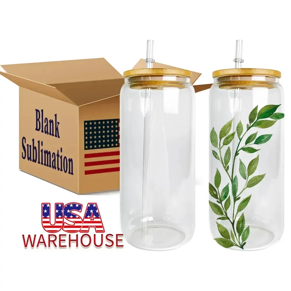 US CA Warehouse 16oz Blank Sublimation Canecas de vidro podem ganhar xícaras de café de cerveja com tampa de palha 50pcs/caixa