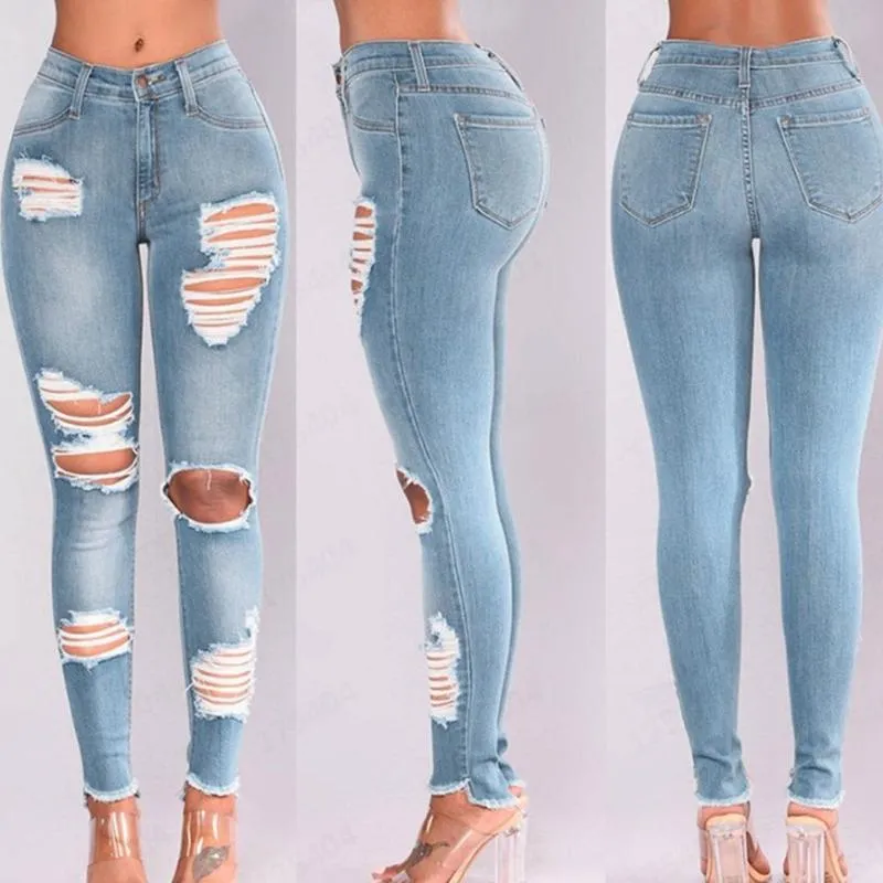 Jeans Street Style Y2K Sexig Mid Rise Distressed Byxor Stretch Skinny Hole Denim Pencil Pants Blue Ripped Jeans For Women Baggy Jeans