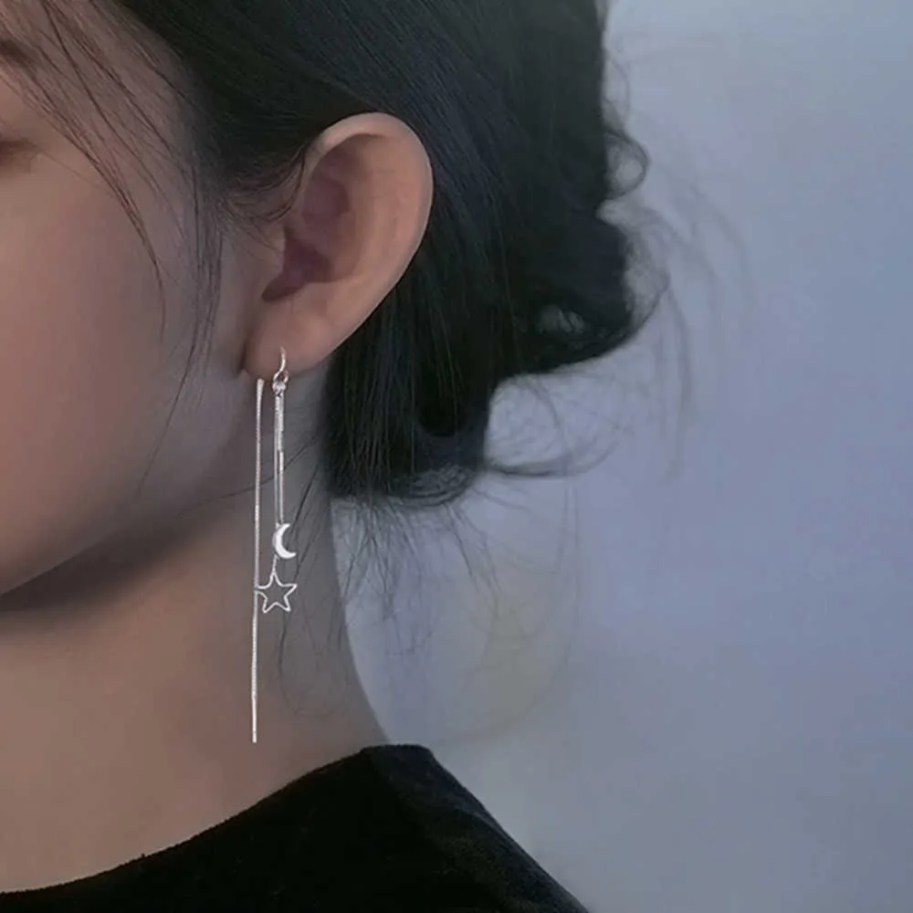 Charm JWER Simple Shine Star Moon Earring Wire Long Chain Tassel Earrings For Women Geometric Piercing Ear Jewelry Party Girl Gift AA230518