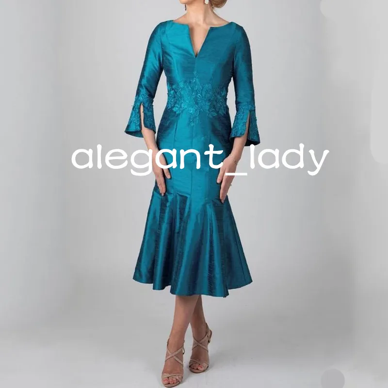 Teal Blue Tea-Length Mother Of The Bride Dress Long Sleeves Lace 2023 Wedding Party Gown Short mother occasion gown