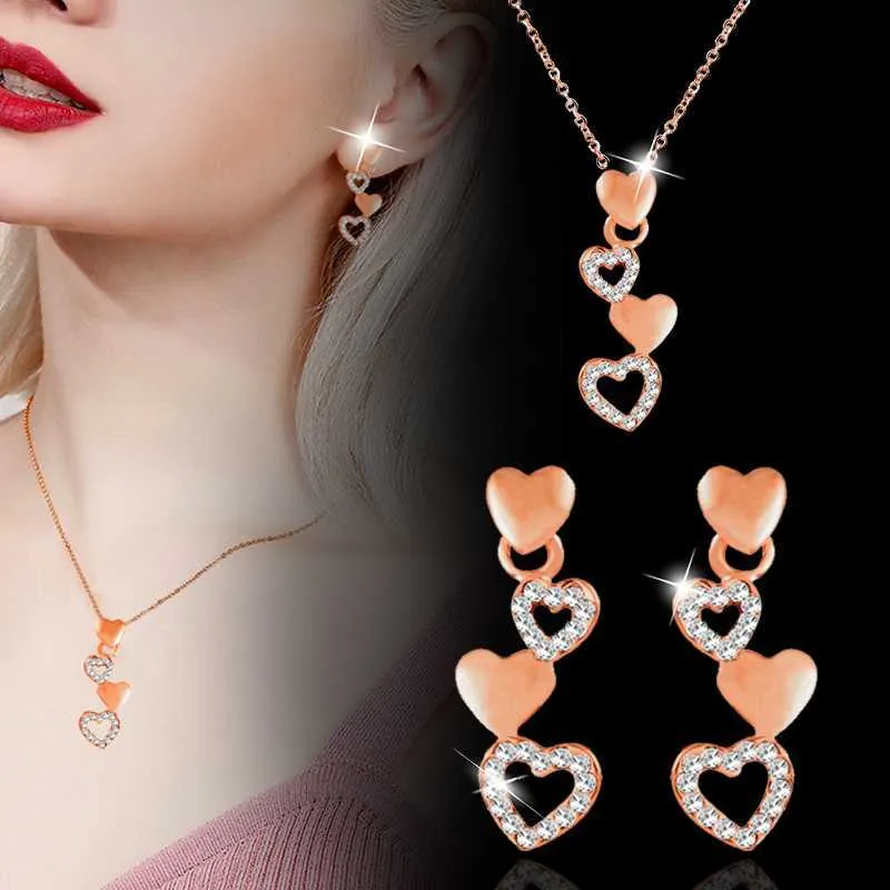 Herz-zu-Herz-Anhänger Halskette Ohrringe Set Rose Gold Farbe Halskette für Frauen Braut Hochzeit Schmuck Set SSB