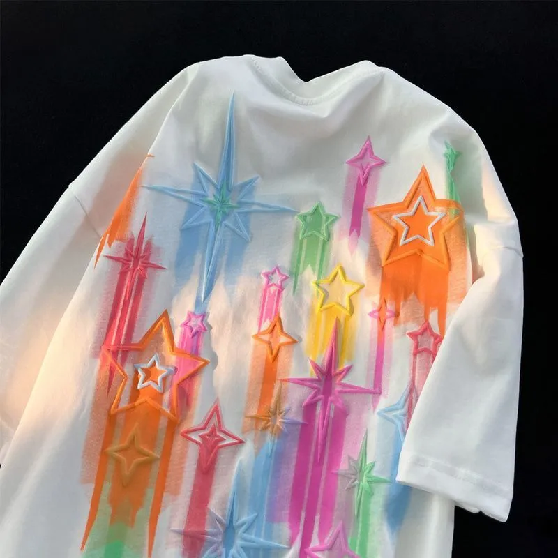 Damen-T-Shirt, Harajuku, kreativer Speckle-Stern, süße Grafik-T-Shirts, hochwertiges Baumwoll-T-Shirt, übergroßes Hip-Hop-Unisex-Kurzarm-Top, Sommer 230519