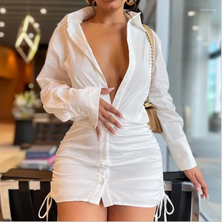 Casual Dresses Women#39; s Ruched Shirt Dress Solid Color Tie-up Lapel Long Sleeve Mini med DrawString Button-Down Ladies Manthing Short