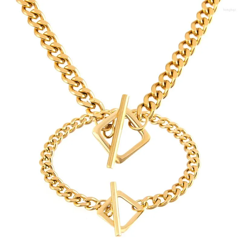 Link armbanden vrouwen statement ketting armband dikke stoeprand Cubaanse ketting vierkant schakelaar t balk sluiting gouden roestvrijstalen sieraden kraag