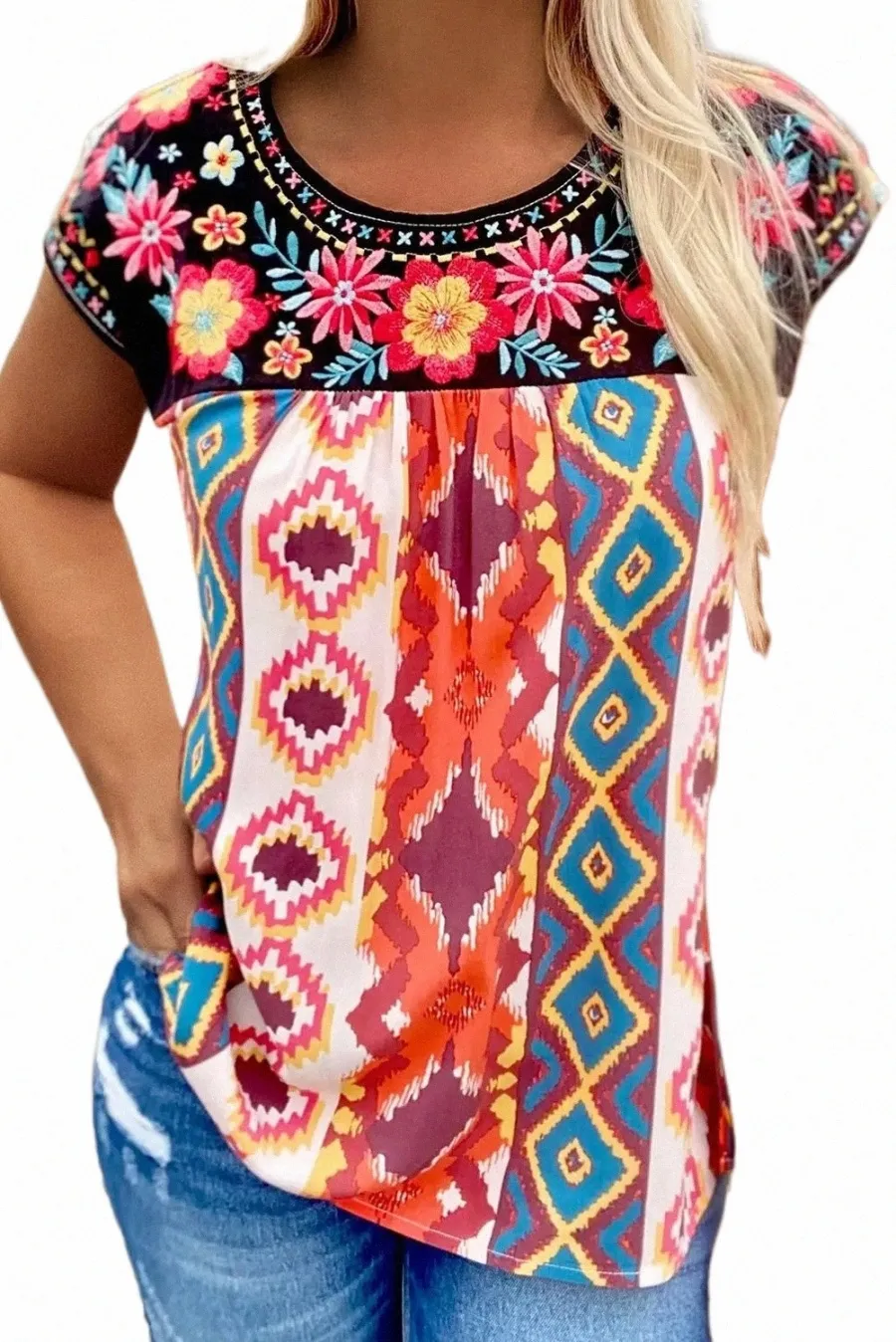 الأزهار متعددة الألوان Aztec Cap Cap Sleeve Top T8da#