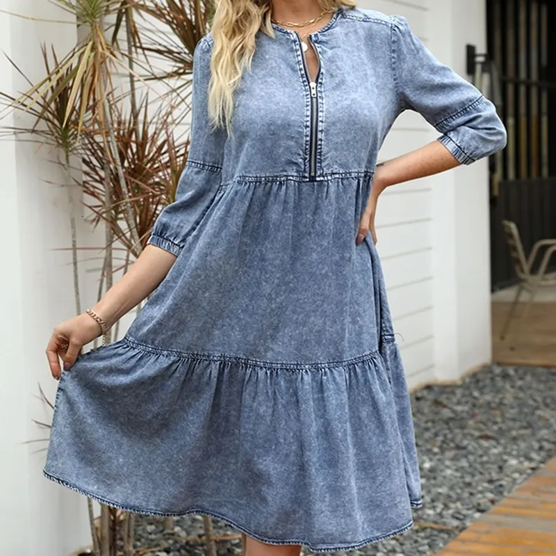 Y2K Elegant Denim Midi dress with sleeves for Women - Vintage O-Neck Midi with Zipper, Perfect for Summer, Streetwear, and Beach Fashion - Loose Fit
