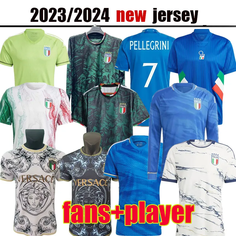 2023 이탈리아 축구 유니폼 플레이어 버전 Maglie da Calcio Long Sleeve Pellegrini Chiesa Barella Italia 23 24 축구 셔츠 T 여자 남자 세트