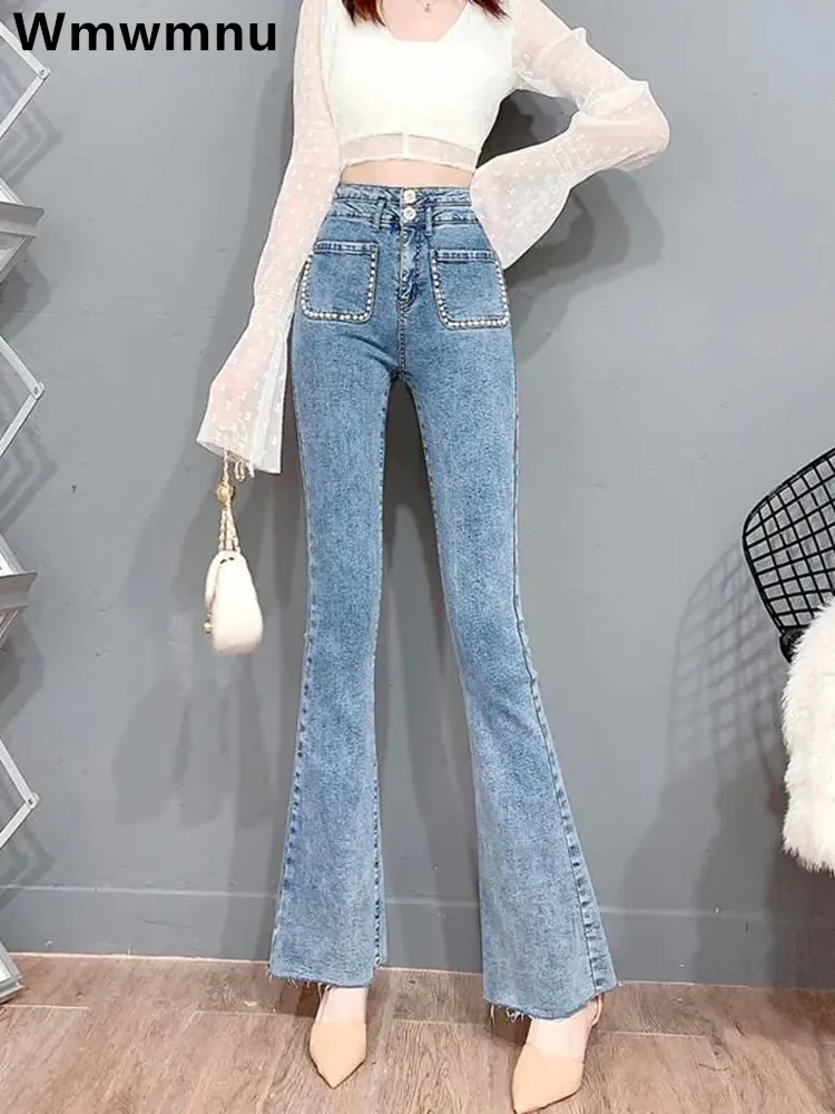 Kvinnors jeans koreanska elegant pärla slim flare jeans kvinnor avslappnad stretch denim pants streetwear hög midja vaqueros chic jeansy pantalones 230519