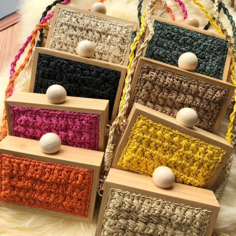 Сумки для плеча мода деревянная коробка дизайнер соломенной дизайнер плетения тканые женские сумочки роскошные сети ротан