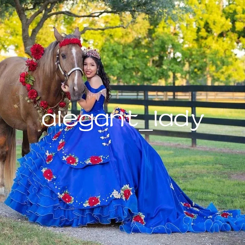 Königsblaue Charro-Quinceanera-Kleider, Ballkleid, schulterfrei, Organza-Applikationen, Perlenstickerei, mexikanische Sweet-16-Kleider, 15 Jahre