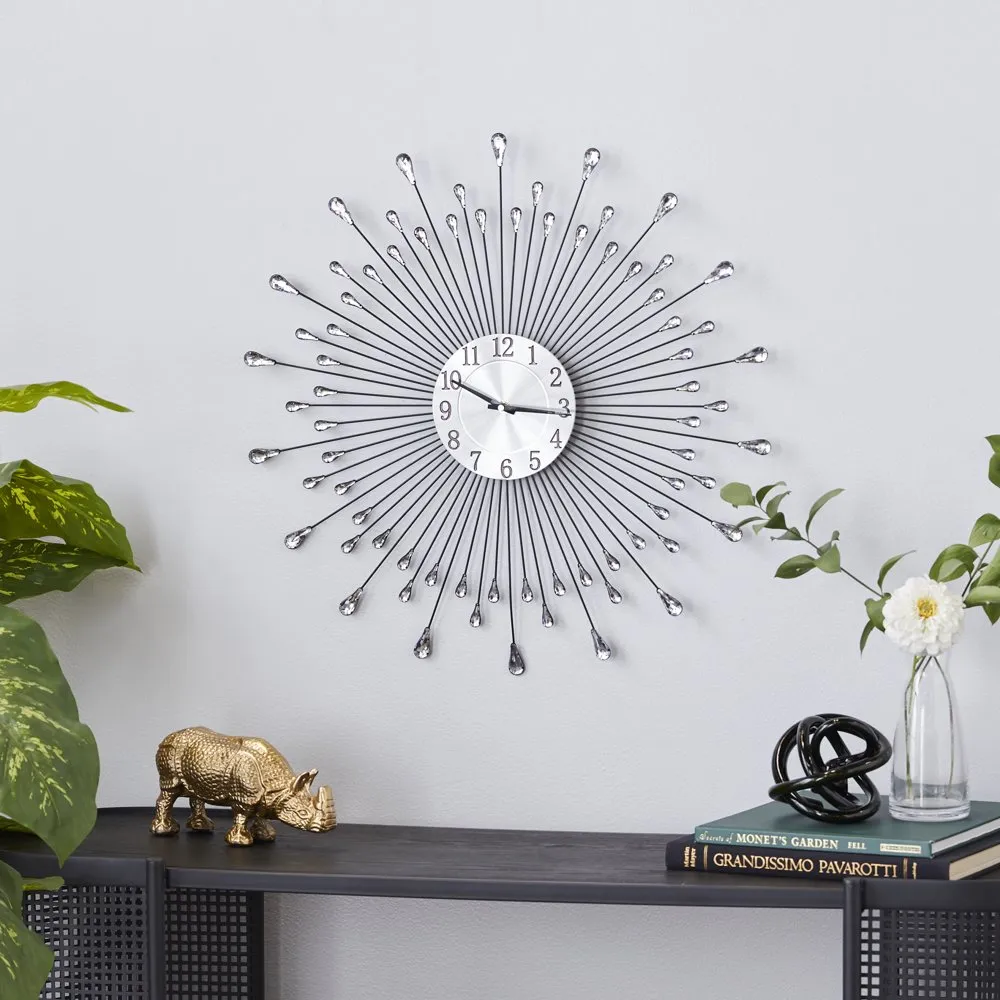 23 Silver Metal Starburst Wall Clock with Crystal Embellishment