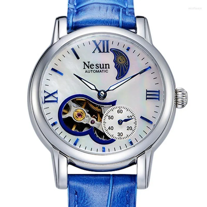 Zegarek na rękę Szwajcarię Nesun Hollow Automatyczne mechaniczne zegarki mechaniczne Księżyc Faza Wodoodporna świetliste dłonie N9061